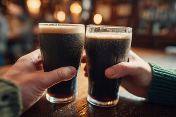 Two hands clinking dark Irish stout or pint beers in clear pint glasses in a warm pub setting for Saint Patrick's day– realistic lifestyle stock photo