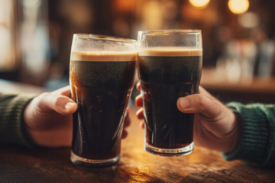 Two hands clinking dark Irish stout or pint beers in clear pint glasses in a warm pub setting for Saint Patrick's day&ndash; realistic lifestyle stock photo