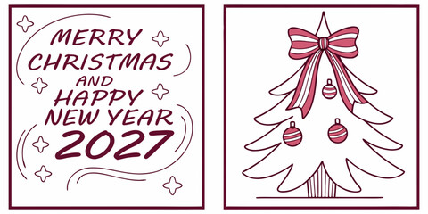 Obraz premium Merry Christmas & Happy New Year 2027 | Red Bow Outline Christmas Tree | Minimal Modern Holiday Greeting Card Art Print