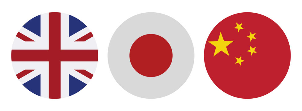 united kingdom japan and china national flags in circular badges isolated on white background vector illustration
