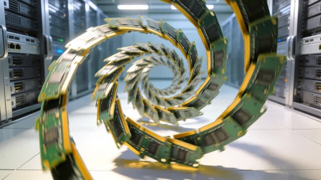 Computer memory modules arranged in spiral formation inside modern data center. Hardware components for high-performance computing and server infrastructure