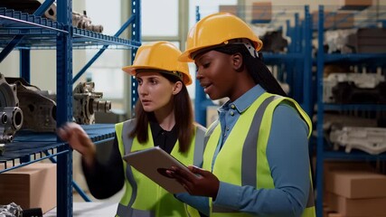 Two diverse women wearing safety vests and hard hats collaborate, using a digital tablet while checking inventory of machine components and automotive parts on shelves in a busy storage facility - Powered by Adobe
