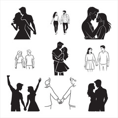 Romantic Couple Holding Hands Linear Vector Illustration