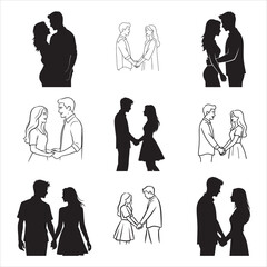 Romantic Couple Holding Hands Minimal Outline Vector