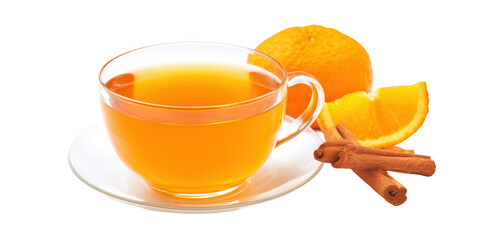 A Clear Glass Cup of Hot Orange and Cinnamon Spiced Tea on a Saucer with a Fresh Orange Fruit Slice and Sticks on a Transparent Background.