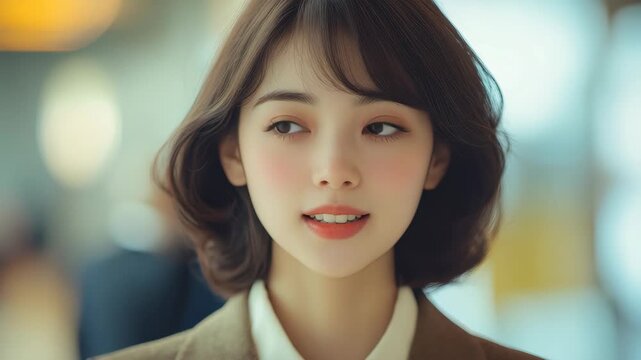 Confident business lady in classic suit smiles warmly while engaging with professional atmosphere at a bustling corporate office during a busy day