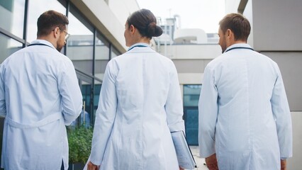 Focused female doctor holding folders and walking between two male colleagues. Confident team moving together and discussing upcoming duties. Professionals continuing route toward clinic entrance.