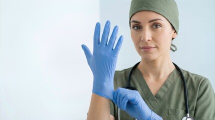 Female healthcare professional wearing green scrubs and a surgical cap puts on blue latex gloves in a clinical setting with a stethoscope around her neck