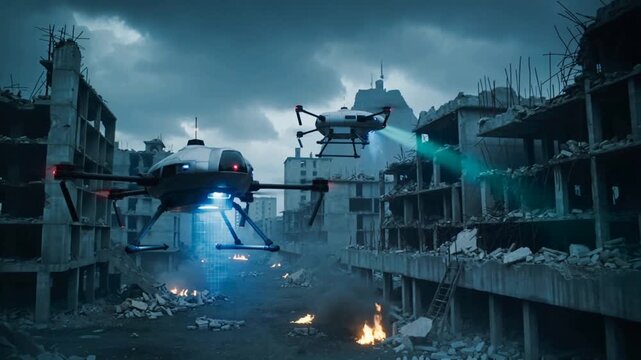 Surveillance drones patrolling ruined city street after conflict. Post-apocalyptic urban landscape with scanning technology and fires. Panning wide shot.