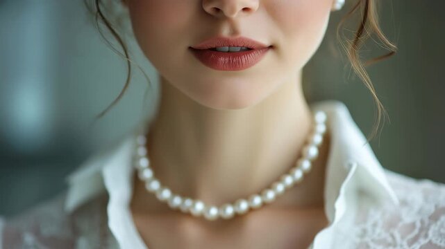 Elegant fashion pearls necklace beautifully displayed on a model's neck, showcasing timeless style in a serene setting