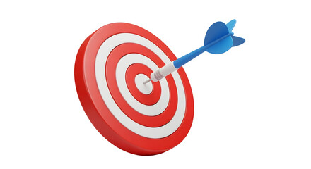 A blue dart hitting the bullseye on a red and white target isolated on transparent background