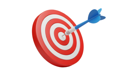 A blue dart hitting the bullseye on a red and white target isolated on transparent background