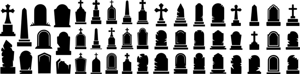 Set of black gravestone and tombstone silhouettes with crosses and cemetery monuments. Vector icons for Halloween designs, memorial graphics, gothic themes, and spooky illustrations.