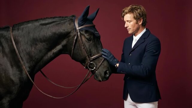 Man in navy jacket stroking well groomed black horse with bridle as equestrian rider prepares tack