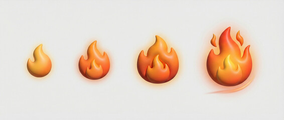 Four orange and yellow fire emojis or icons of varying sizes, from small to large, with a glowing effect.