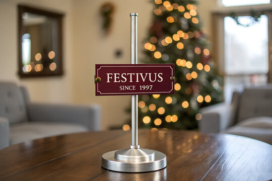 Festivus pole on wooden table with maroon sign gold accents reading Festivus Since 1997 holiday decor Christmas tree lights living room alternative celebration Generative Ai.