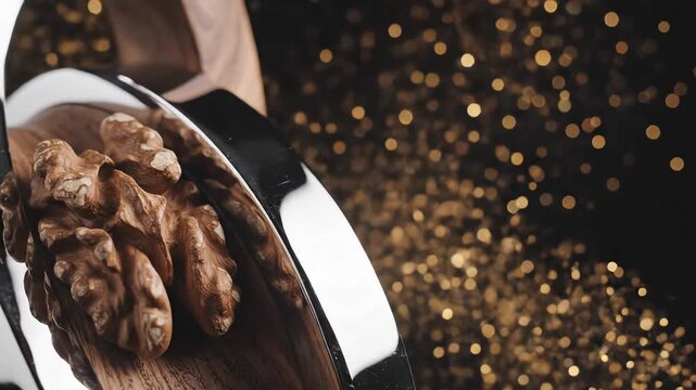 Closeup of Walnuts in a Metal Scoop with Bokeh Lights.