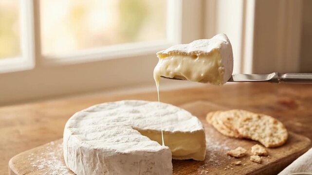 Soft cheese dairy products creamy texture served on round wooden board with crackers jam cozy natural kitchen window light warm atmosphere