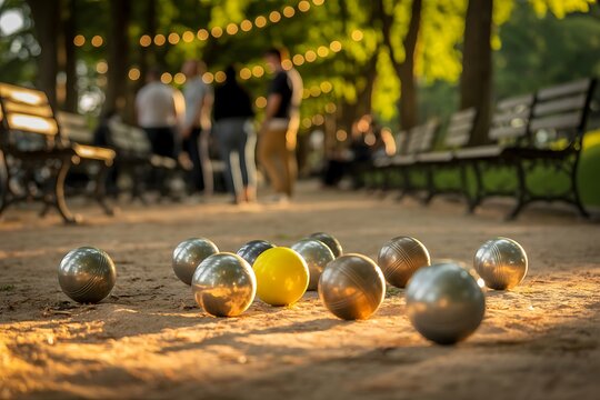 Polished steel and yellow petanque balls on sandy ground in park steel balls yellow ball outdoor game