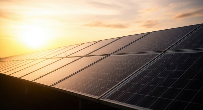 Large array of photovoltaic solar panels catching bright afternoon sunlight, representing renewable and sustainable power generation, electric, farm, conservation