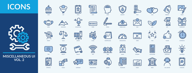 Miscellaneous UI vol. 2 - Icon Collection. Thin Line Blue Set contains such Icons as love, percent, image and more. Simple web icons set