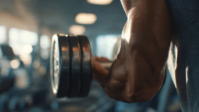 Person Doing Dumbbell Bicep Curls in Bright Gym | Strength Training & Muscle Building Background | Arm Workout Stock Photo with Copy Space