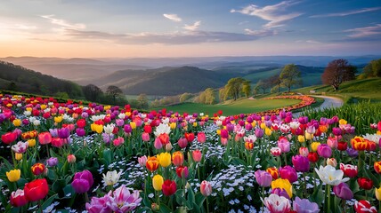 Vibrant tulip field on rolling hills at sunset tulips flowers