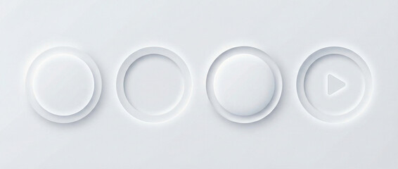 A close-up view of four minimalist white circular buttons in a neumorphism design style, featuring soft shadows and highlights, with one button displaying a play icon.