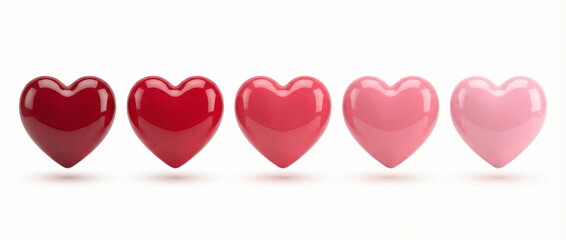Five glossy heart shapes in a color gradient from deep red to light pink, symbolizing love and affection.