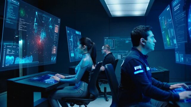 Flight controllers monitoring deep space mission data on holographic displays. Team of technicians working in futuristic command center. Panning camera movement.