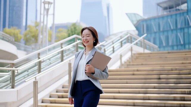 Professional asian businesswoman smiling while walking down modern outdoor stairs, confidently holding a documents folder and stepping towards her goals in the urban setting