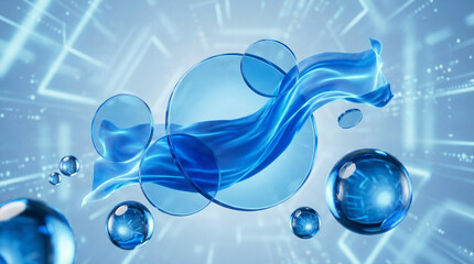 Abstract blue spheres and flowing fabric against a futuristic digital background, representing technology and innovation.