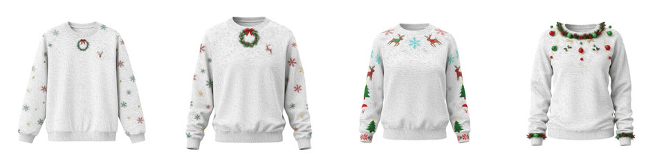 Ugly Christmas Sweater Mockup Set, White Festive Holiday Pullover with Reindeer and Ornaments, Xmas Apparel Design Template, Isolated on White Background PNG