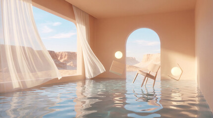 A surreal, dreamlike room flooded with water, featuring flowing curtains, an arched doorway, and glowing orbs.