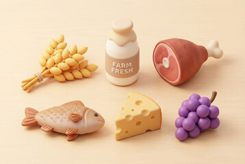 A collection of miniature clay food items including wheat, milk, meat, fish, cheese, and grapes arranged on a light wooden background.