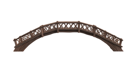 A Beautifully Crafted Old Wooden Arched Bridge with Intricate Lattice Railings Is Shown from a Side Profile on a Transparent Background