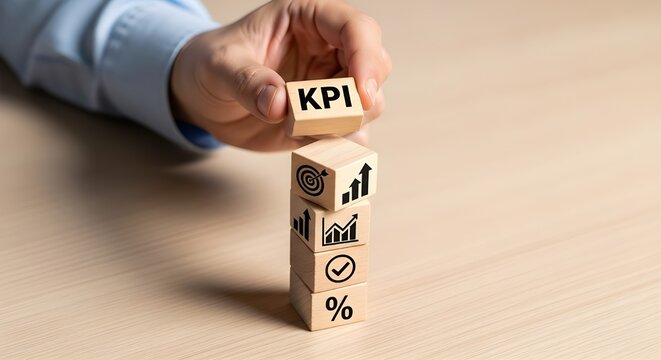 Business professional placing kpi block on statistical data blocks