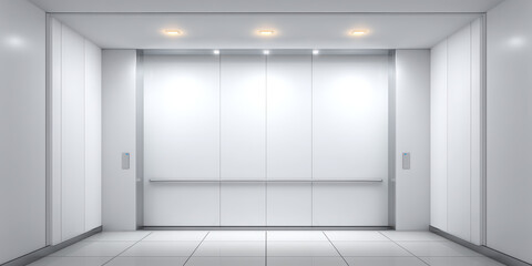A Modern and Empty Elevator Cabin Interior with Closed Metal Doors, a Stainless Steel Handrail, White Walls, a Reflective Tiled Floor and Warm Lights.