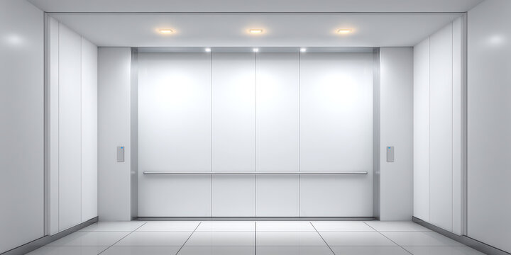 A Modern and Empty Elevator Cabin Interior with Closed Metal Doors, a Stainless Steel Handrail, White Walls, a Reflective Tiled Floor and Warm Lights.