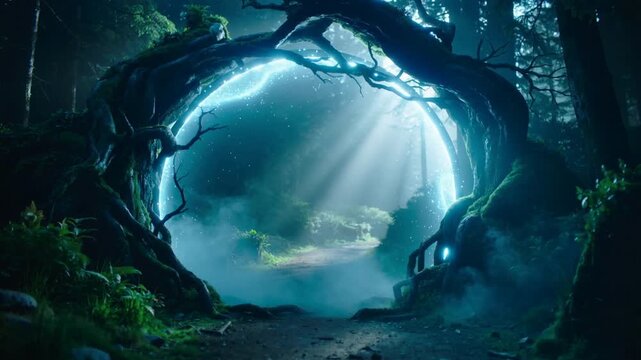 Interdimensional gateway opening between ancient mossy trees. Luminous blue circle shining in dense woodland at night.