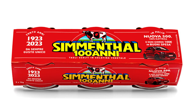 Simmenthal canned beef pack celebrating 100 years anniversary, Italian meat product in vegetable jelly, red branded packaging isolated on white background, suitable for grocery and retail concepts.