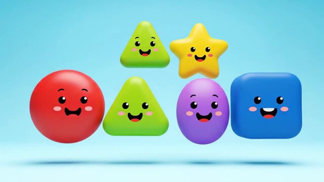 Collection of cheerful three dimensional geometric shapes featuring smiling faces floating against a soft blue background for early childhood education concepts.