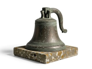 Presidents Day Patinated antique bronze bell resting on rustic stone pedestal