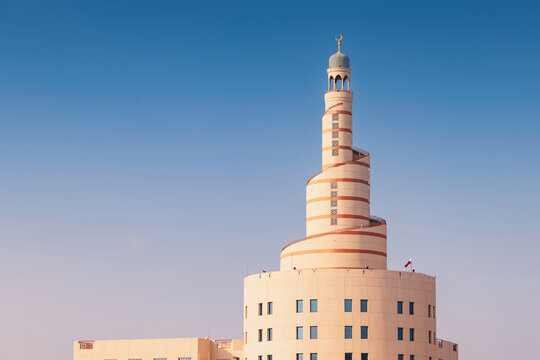 29 November 2025, Doha, Qatar: Towering spiral minaret of Sheikh Abdulla Bin Zaid Al Mahmoud Islamic Cultural Center