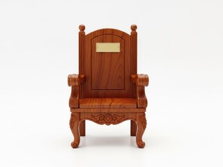 Presidents Day Wooden judge chair with blank golden name plate on white background