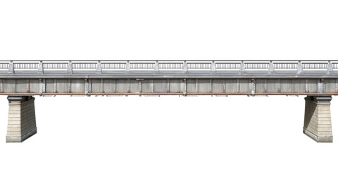 A Long Straight Side Profile of an Old Concrete Bridge with Decorative Metal Railings and Massive Stone Pier Supports Isolated on a Transparent Background.