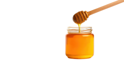 A Wooden Honey Dipper Is Lifted from a Glass Jar of Golden Honey with a Single Drop Falling Back Into the Pot on a Transparent Background