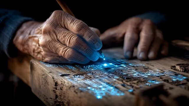 A person's hand holding a tool, engraving details on a wooden surface with a blue glow, close-up view