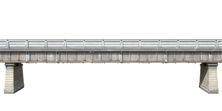 A Long Straight Side Profile of an Old Concrete Bridge with Decorative Metal Railings and Massive Stone Pier Supports Isolated on a Transparent Background.