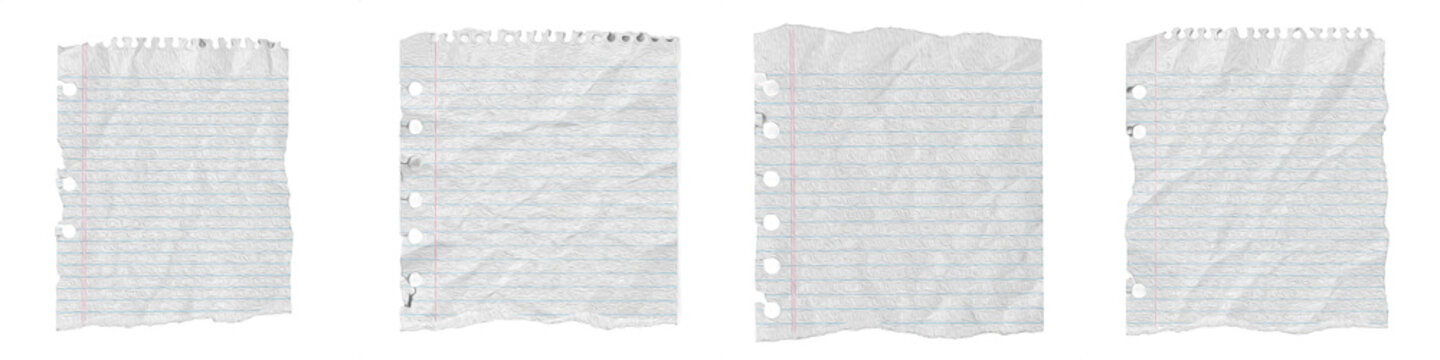 crumpled lined notebook paper, messy torn page, white wrinkled school stationery, empty sheet, textured journal leaf, isolated on white background